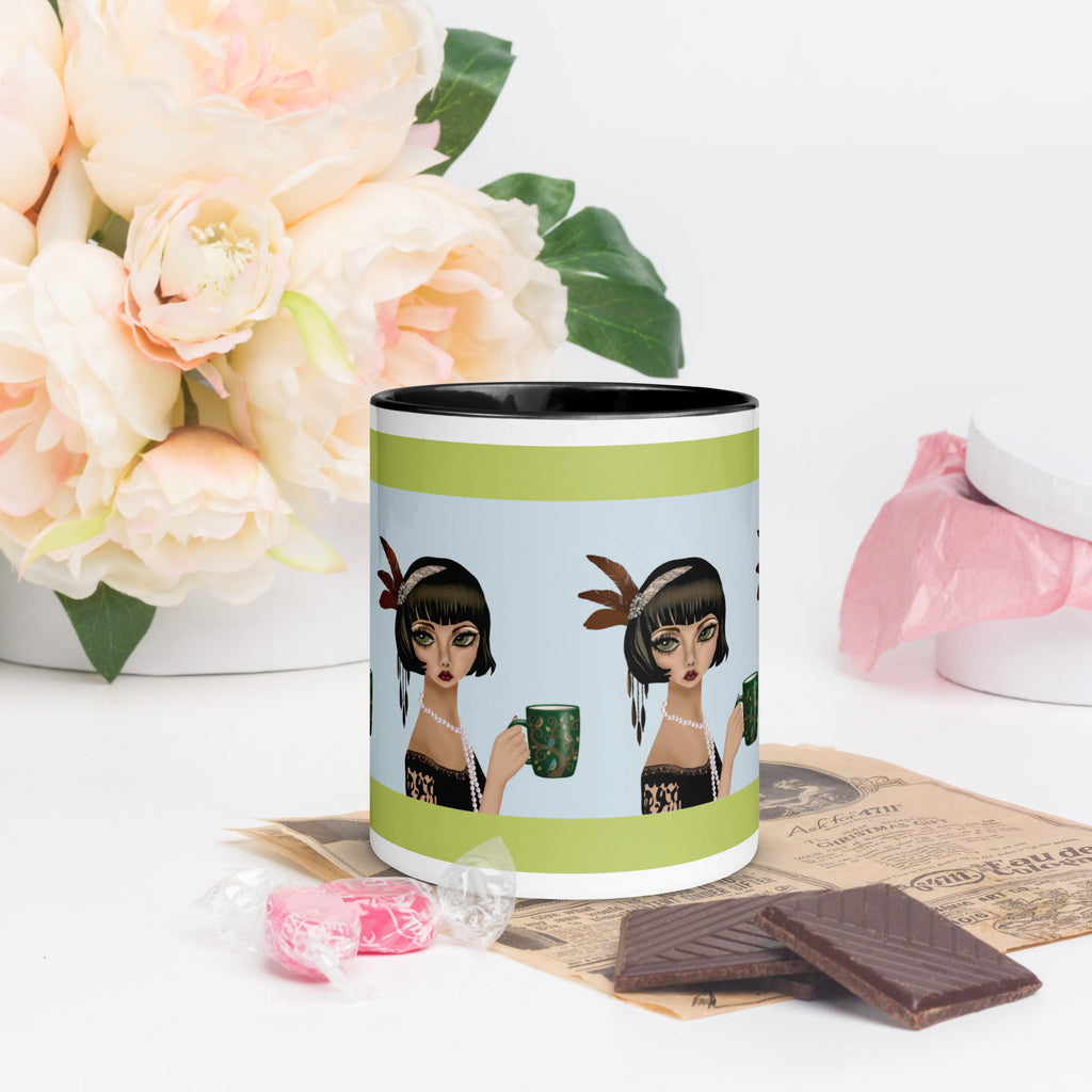 Premium White Ceramic - Black interior-  Coffee Companions Mug - Vintage Art Deco Black & Lime -11-oz  front view