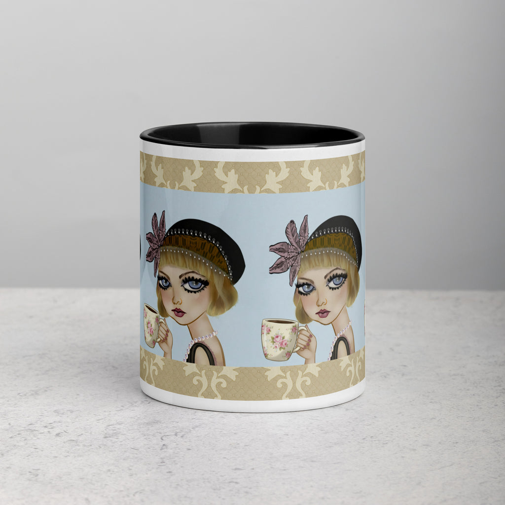 Premium White Ceramic - Black Inside-Lavender Dreams Mug - Vintage 1920s Flapper Purple & Blue - 11-oz front view
