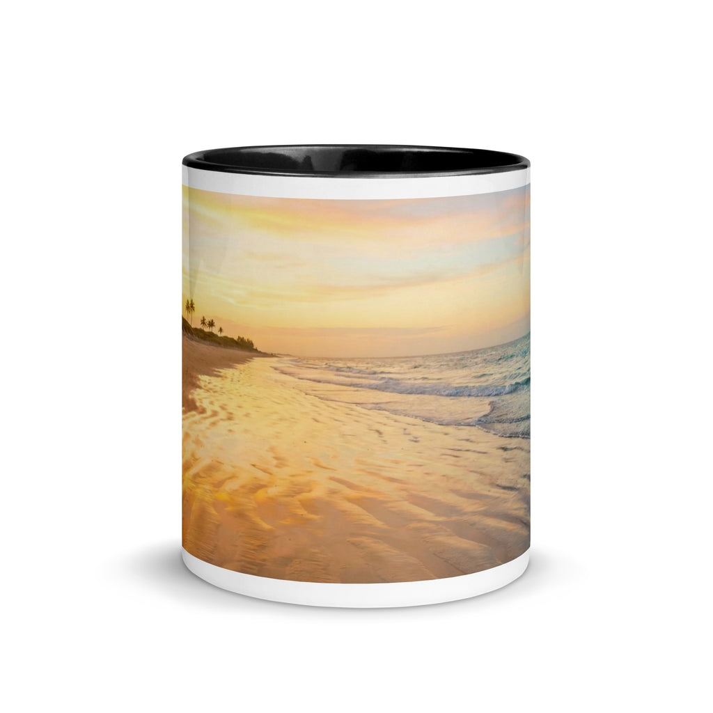 Premium white ceramic mug with black color inside features a beautiful calming beach sunset with palm trees. 11 oz - front view on white background