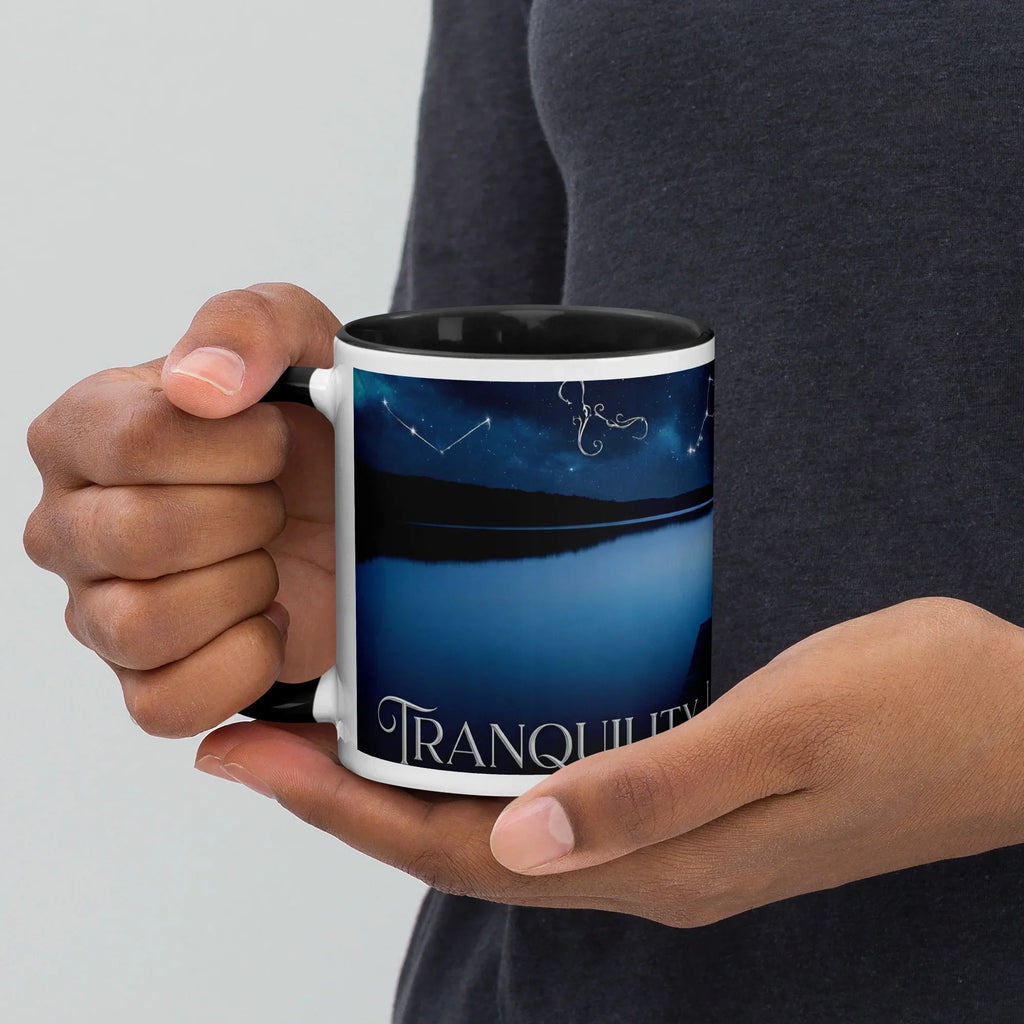 Hand holding a ceramic mug with black interior, night sky and lake design, and 'Tranquility' text