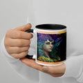 Premium White Ceramic with color inside- Mystical Peacock Goddess Mug with black interior - Fantasy Art Portrait- Peacock Design 11 oz- left view