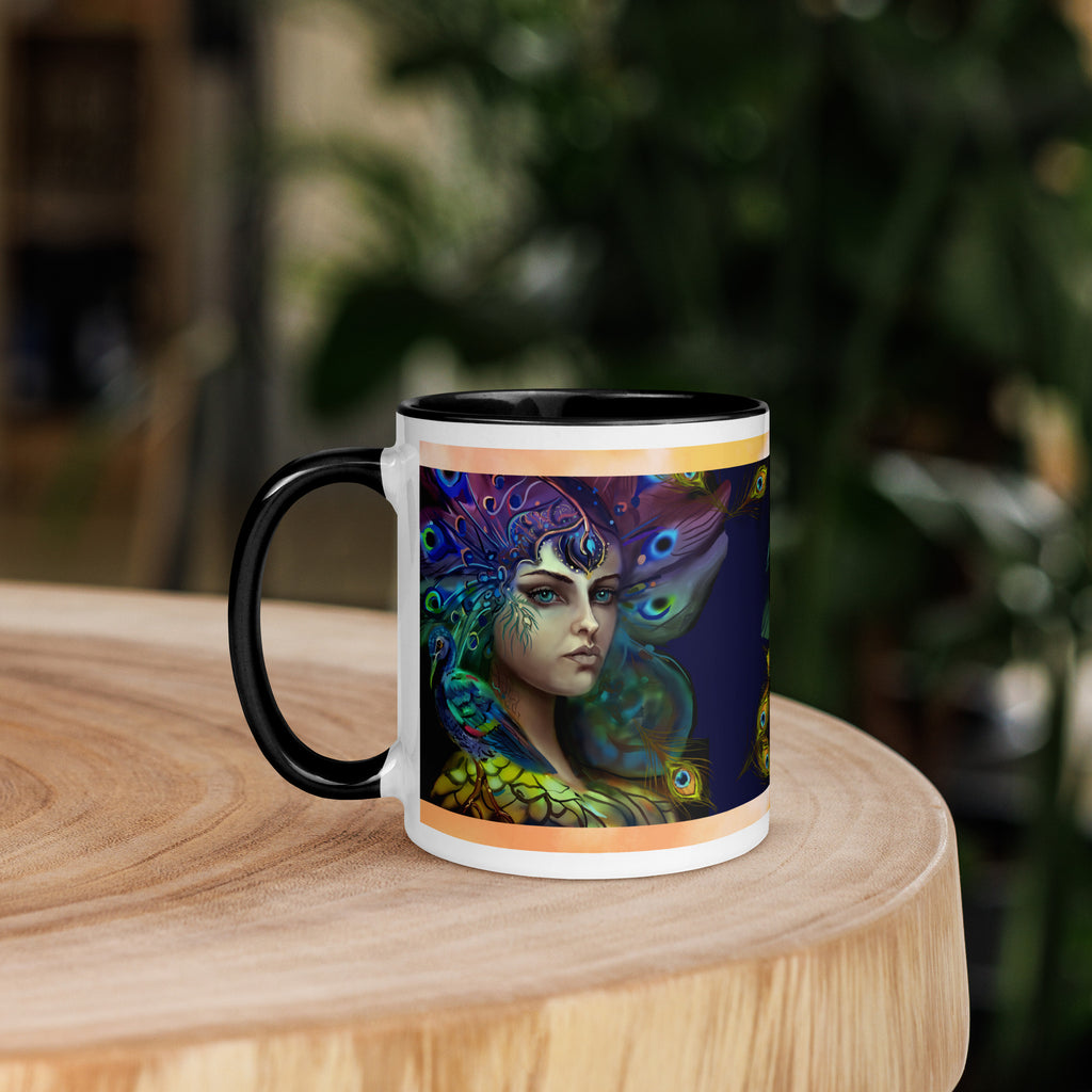 Premium White Ceramic with color inside- Mystical Peacock Goddess Mug with black interior - Fantasy Art Portrait- Peacock Design 11 oz- left view