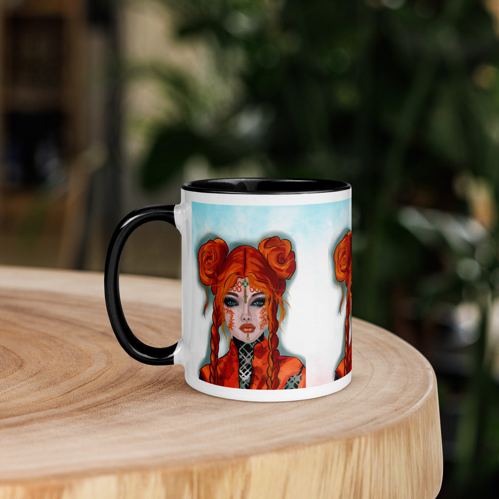 Fantasy Orange Rose Hair Woman Mug - Anime Art Ceramic Mug-Black Interior-11-oz-left
