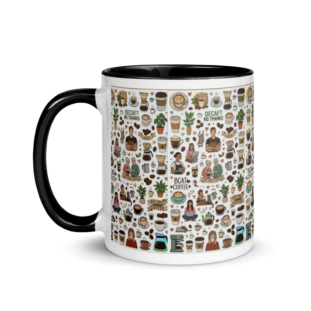 White ceramic mug with black handle and interior, decorated with colorful coffee-themed illustrations