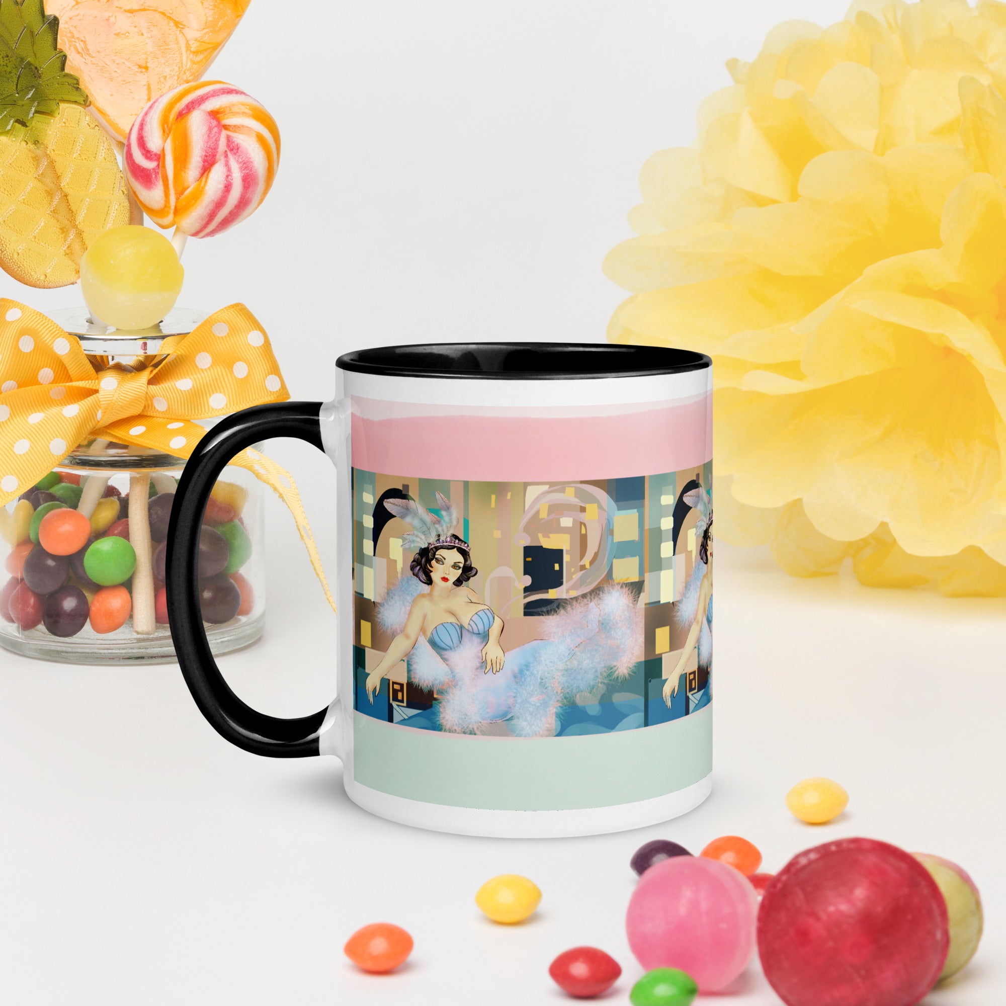 Premium Black Interior -Ceramic mug-Vintage Glamour Ballerina Mug - Art Deco Feathered Tutu Ceramic Mug-Black Interior- elegant vintage ballerina in a jeweled tiara and light blue feathered tutu, set against a beautiful Art Deco pastel background. Set against a black ceramic inside for elegant contrast - 11-oz -left