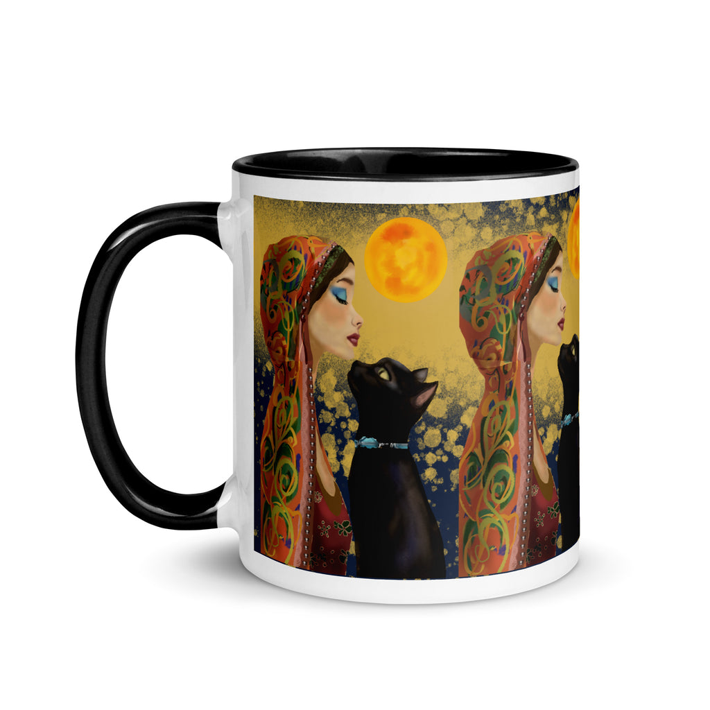 Premium White ceramic with color inside- Mystical Woman with Black Cat Mug - Moonlight Bohemian Ceramic Mug-Black Interior- 11 oz- left view