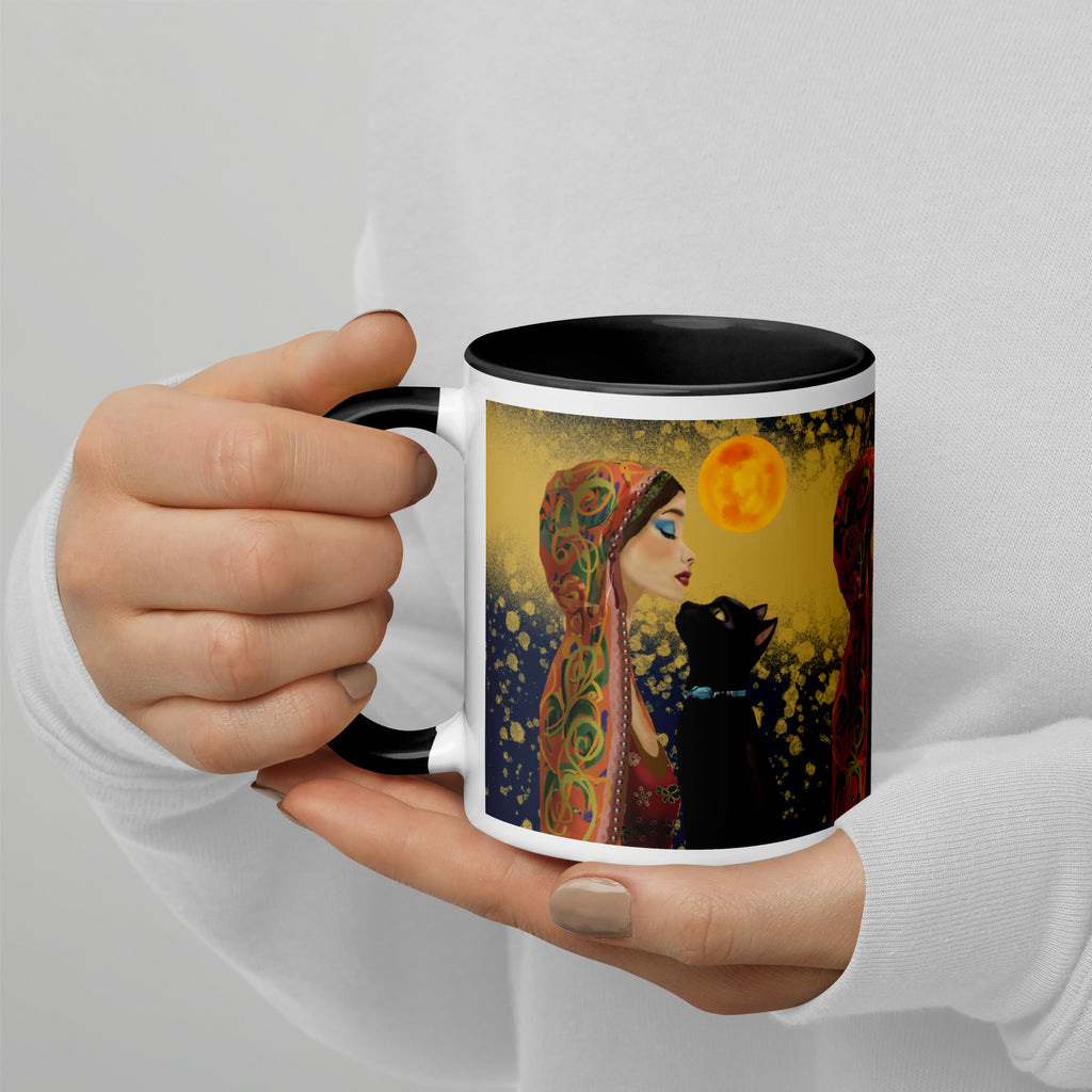 Premium White ceramic with color inside- Mystical Woman with Black Cat Mug - Moonlight Bohemian Ceramic Mug-Black Interior - 11 oz - left view