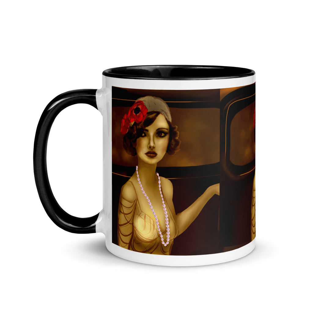 Premium White Ceramic - 1920s Art Deco Flapper Woman Mug - Gatsby Era Glamour Ceramic Mug with Black Interior-11-oz-left