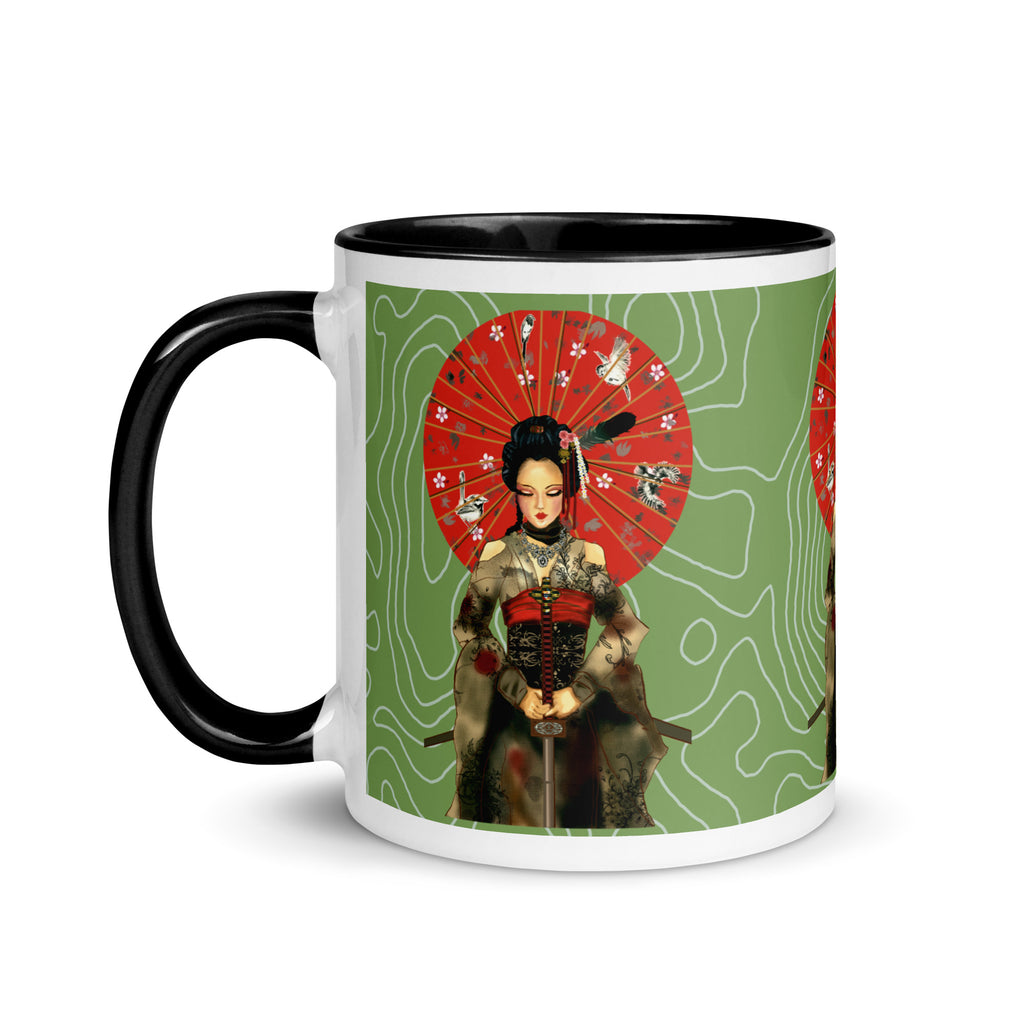 Premium White Ceramic - Japanese Geisha Warrior Mug - Samurai Woman Ceramic Mug- Black Interior-11-oz-left