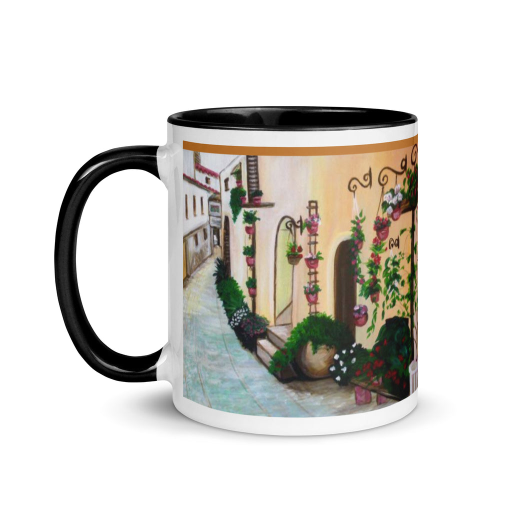 Premium White Ceramic -Mediterranean Garden Courtyard Mug - Italian Village Ceramic Mug- Black Interior-11-oz-left