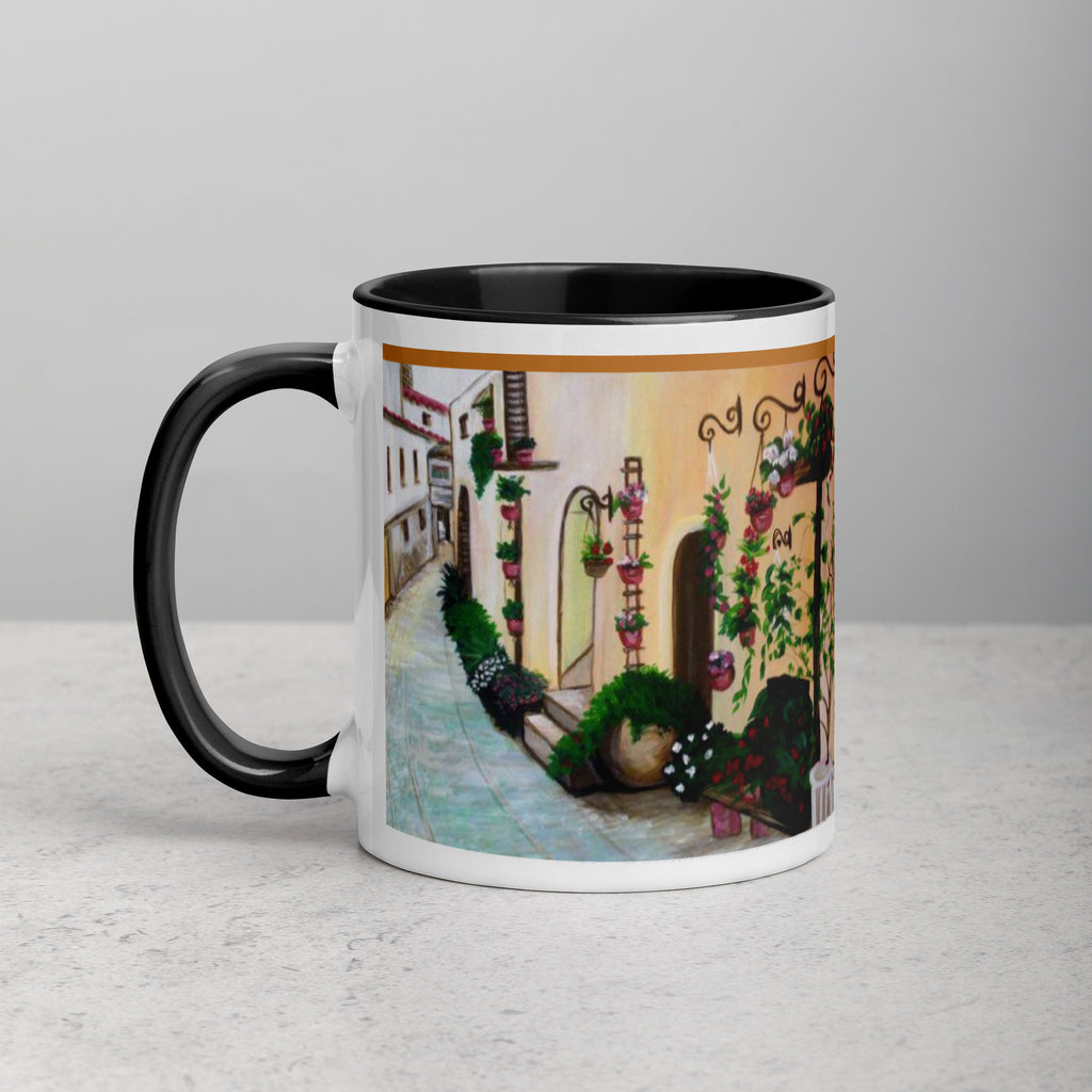 Premium White Ceramic -Mediterranean Garden Courtyard Mug - Italian Village Ceramic Mug- Black Interior-11-oz-left
