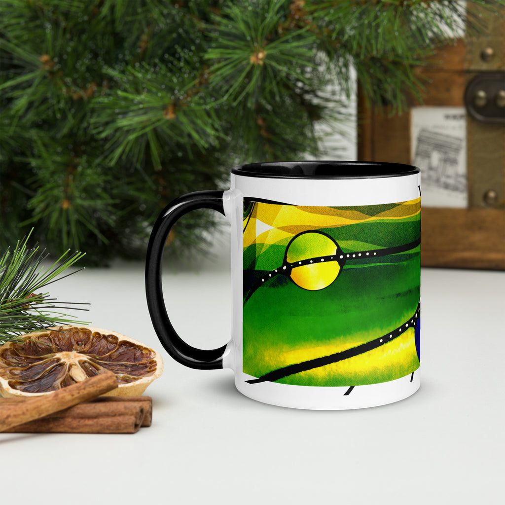 Premium White Ceramic -Abstract Green Yellow Art Mug - Modern Contemporary Ceramic Mug- black Interior- 11-oz-left
