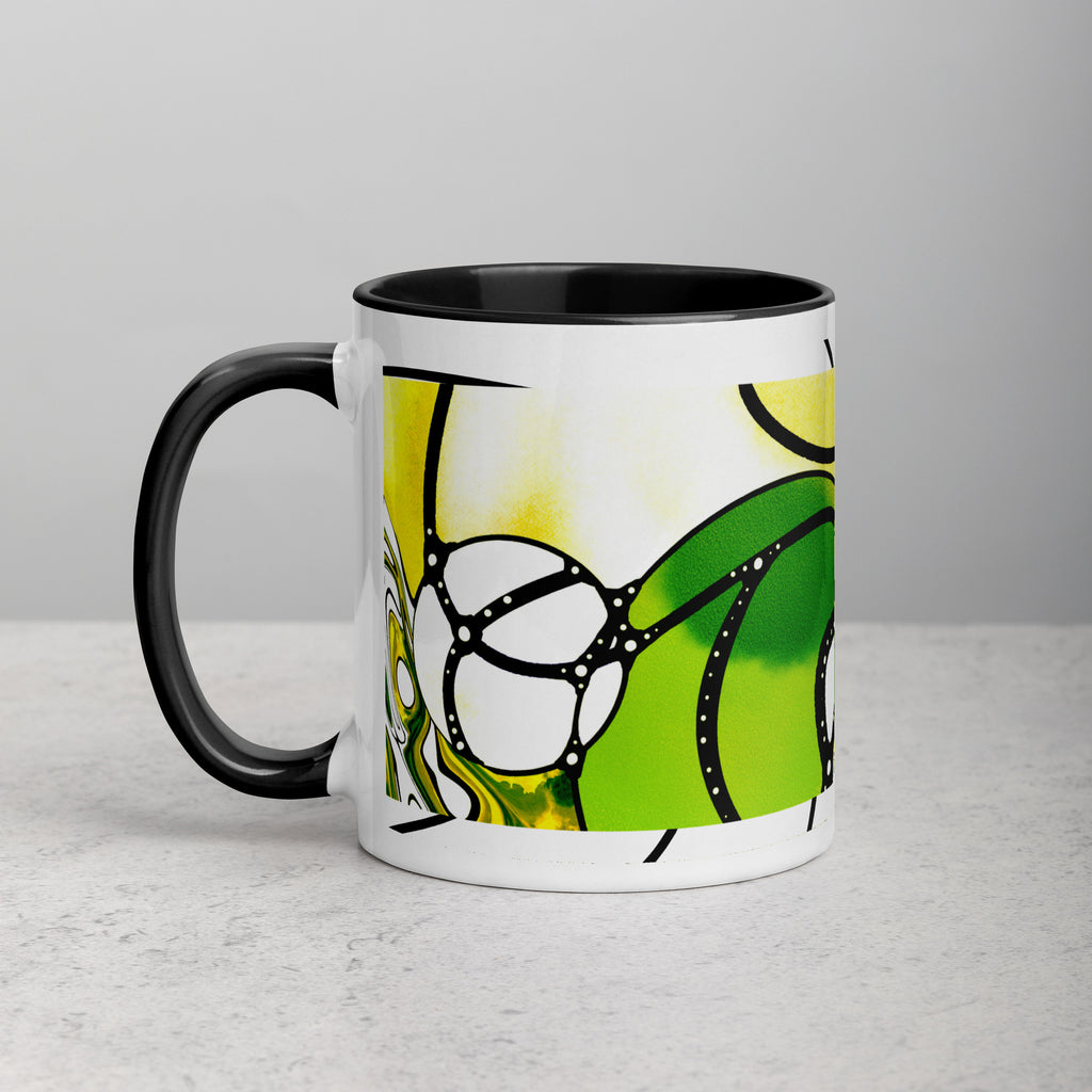 Premium White Ceramic -Abstract Yellow Green Art Mug - Modern Watercolor Ceramic Mug- Black Interior-11-oz-left