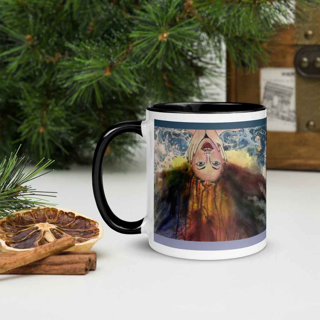 Premium White Ceramic -Underwater Reverie Mug - Flowing Hair & Ocean Art - black interior- 11-oz-left