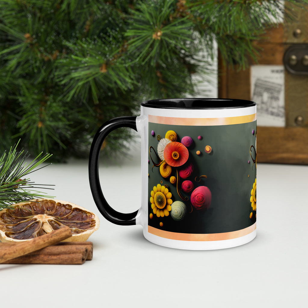 Premium White Ceramic -Paper Art Floral Mug - Black Interior Ceramic Art Mug - 11-oz-left