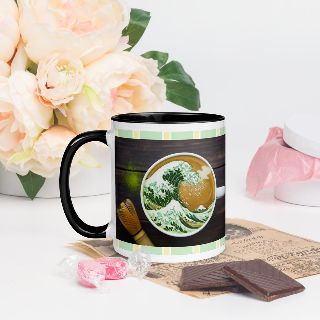 Premium White Ceramic -  Matcha Wave Bowl Mug - Black Interior Japanese Tea Mug -11-oz-left