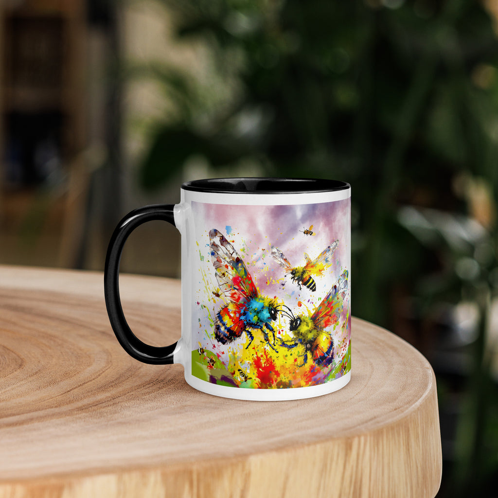 Premium White Ceramic -   Watercolor Bees & Butterflies Mug - Black Interior Ceramic Nature Mug -11-oz-left