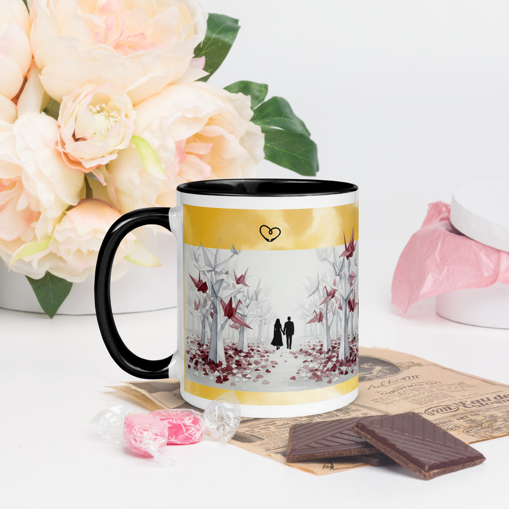 Premium White Ceramic - Romantic Origami Cranes Mug - Black Interior Love Mug - 11-oz-left