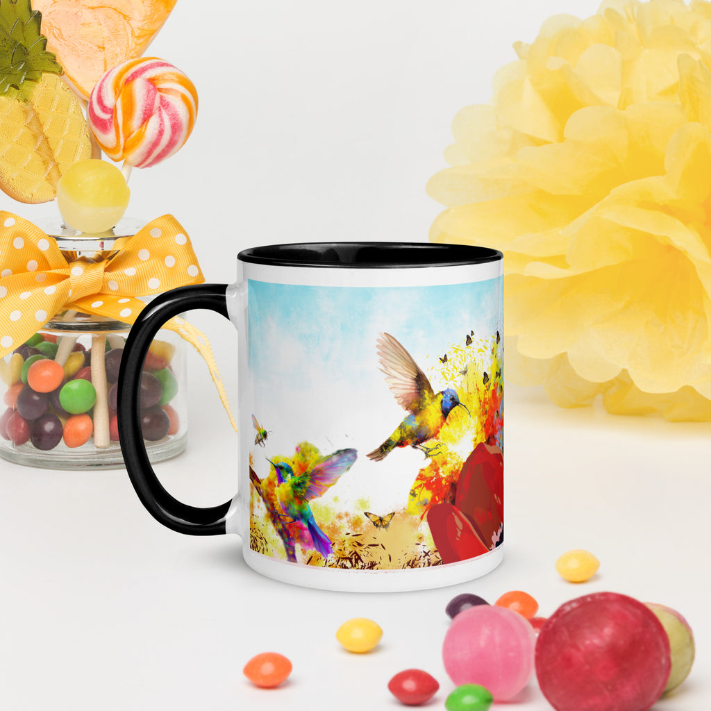 Premium White Ceramic -    Watercolor Hummingbirds Mug - Black Interior Nature Mug-11-oz-left