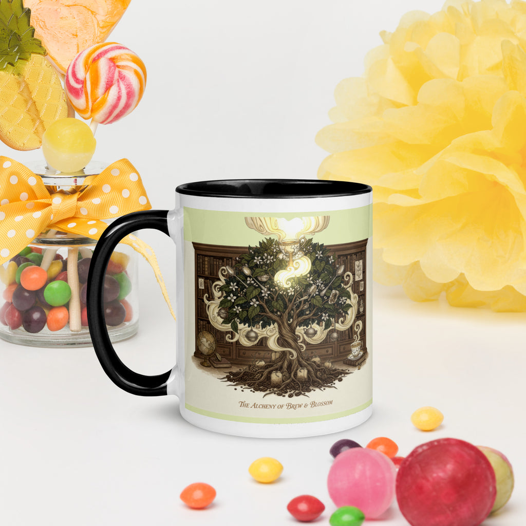 Premium white ceramic - Alchemy of Brew & Blossom Mug with  black inside - 11 oz - left