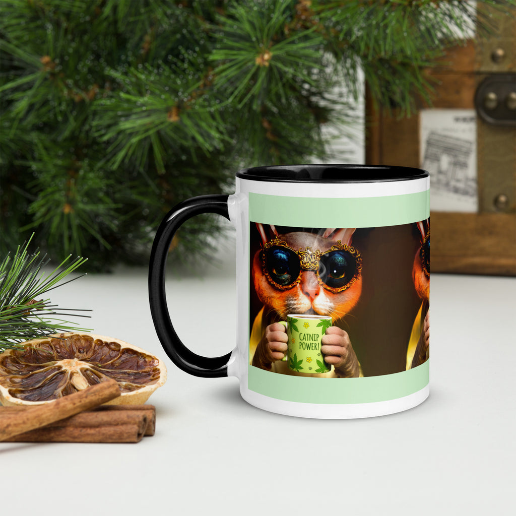 Premium White Ceramic - Cool Rex Cat Catnip Mug - Cat with Catnip Power Mug - Black Inside- 11 oz - left view