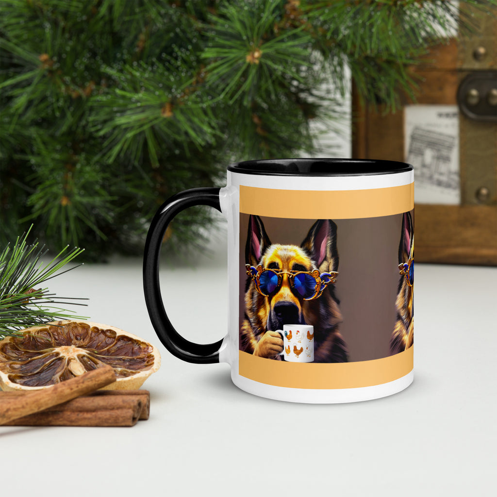Premium White Ceramic - Black Inside- Cool German Shepherd Coffee Mug - Dog with Chicken Mug -11 oz - left view