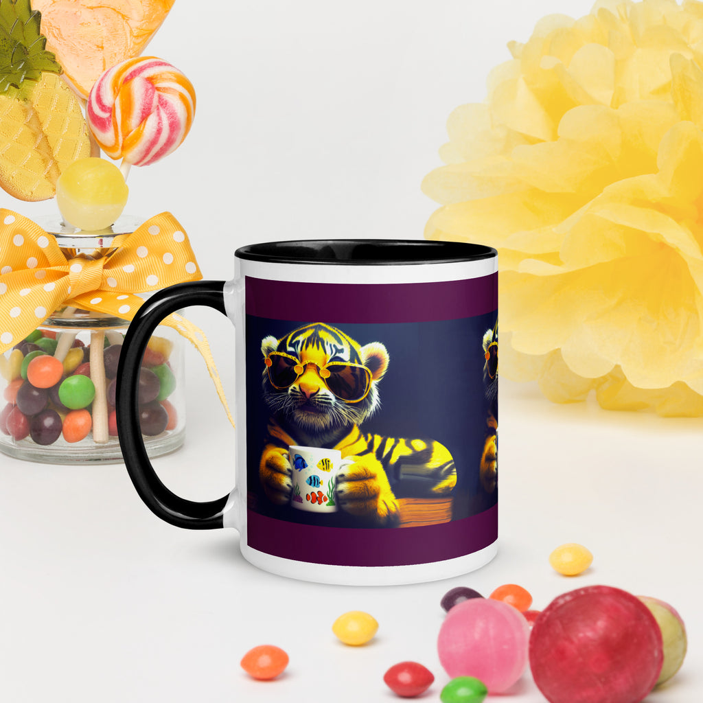 Premium White Ceramic - Black Inside-  Cool Tiger Coffee Mug - Tiger with Fish Mug Black & Purple - 11 oz -left view