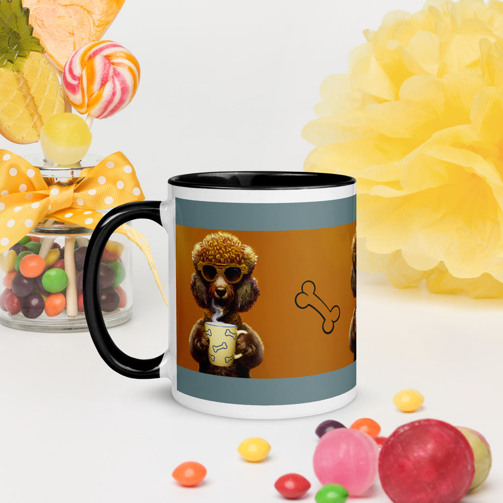 Premium White Ceramic - Black interior- Cool Golden Doodle Mug - Dog with Bone Mug -11-oz left view