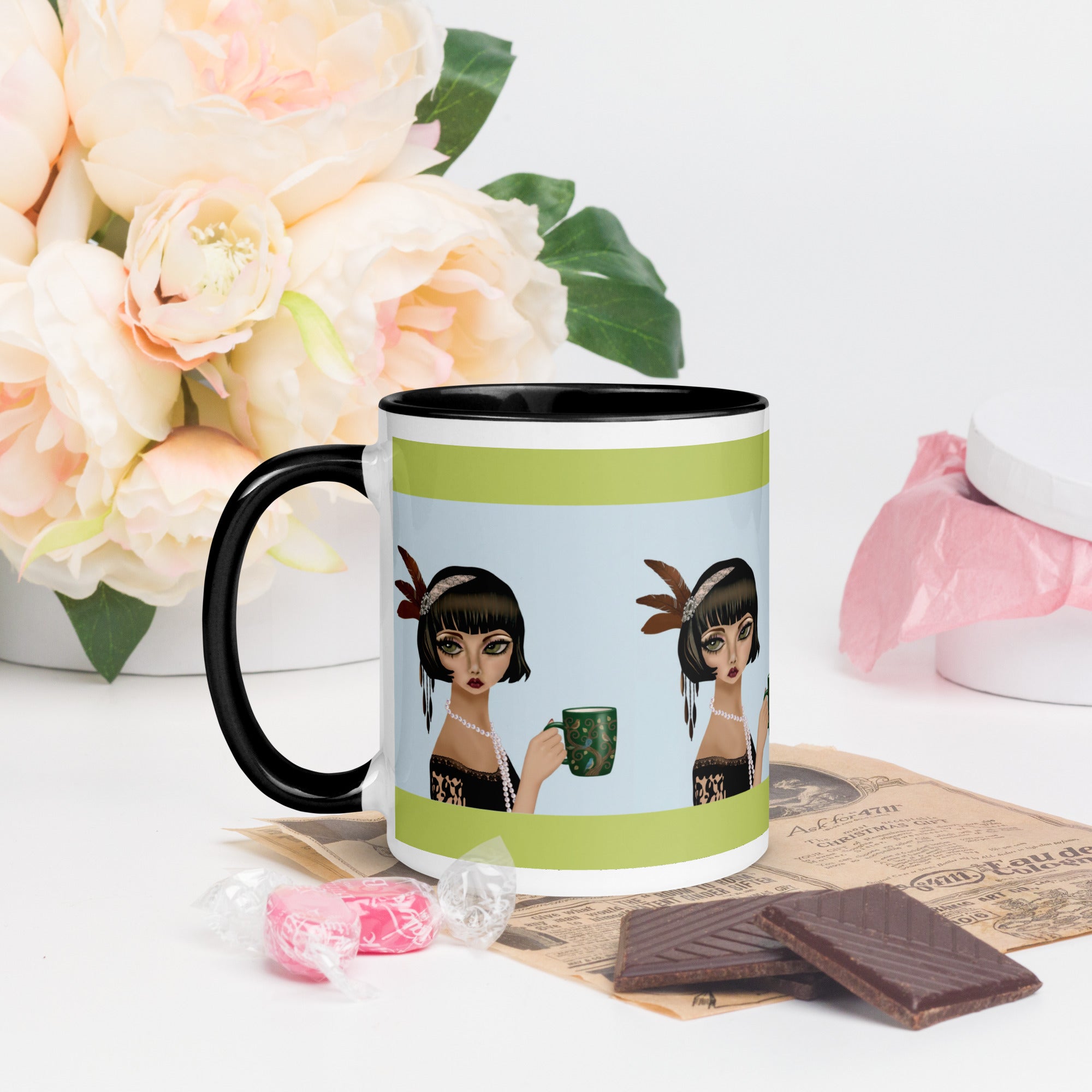 Premium White Ceramic - Black interior-  Coffee Companions Mug - Vintage Art Deco Black & Lime -11-oz  right view