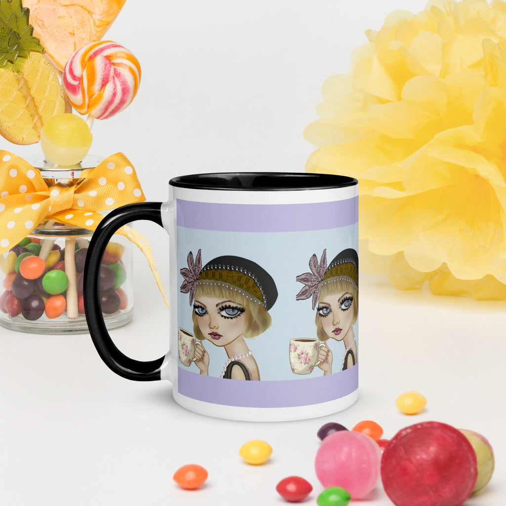 Premium White Ceramic - Black Inside-Lavender Dreams Mug - Vintage 1920s Flapper Purple & Blue - 11-oz left view