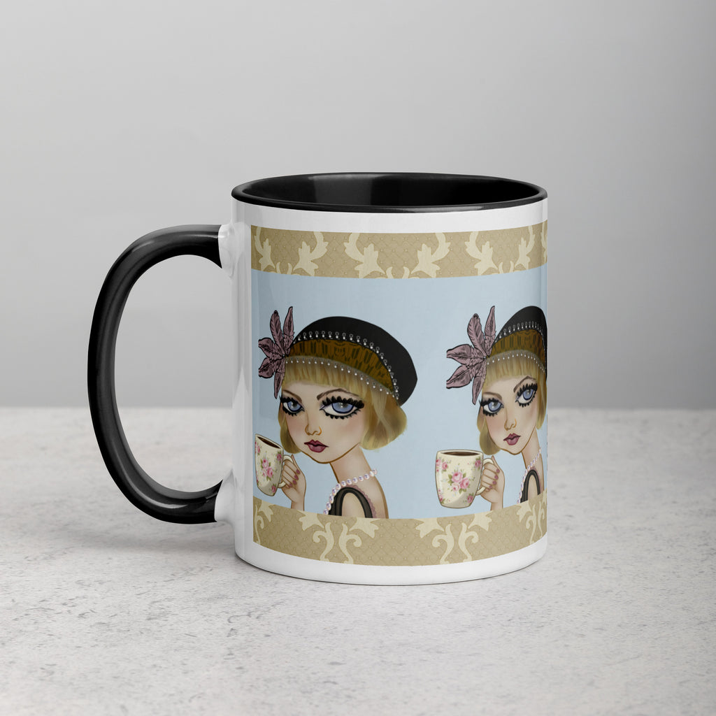Premium White Ceramic - Black Inside-Lavender Dreams Mug - Vintage 1920s Flapper Purple & Blue - 11-oz left view