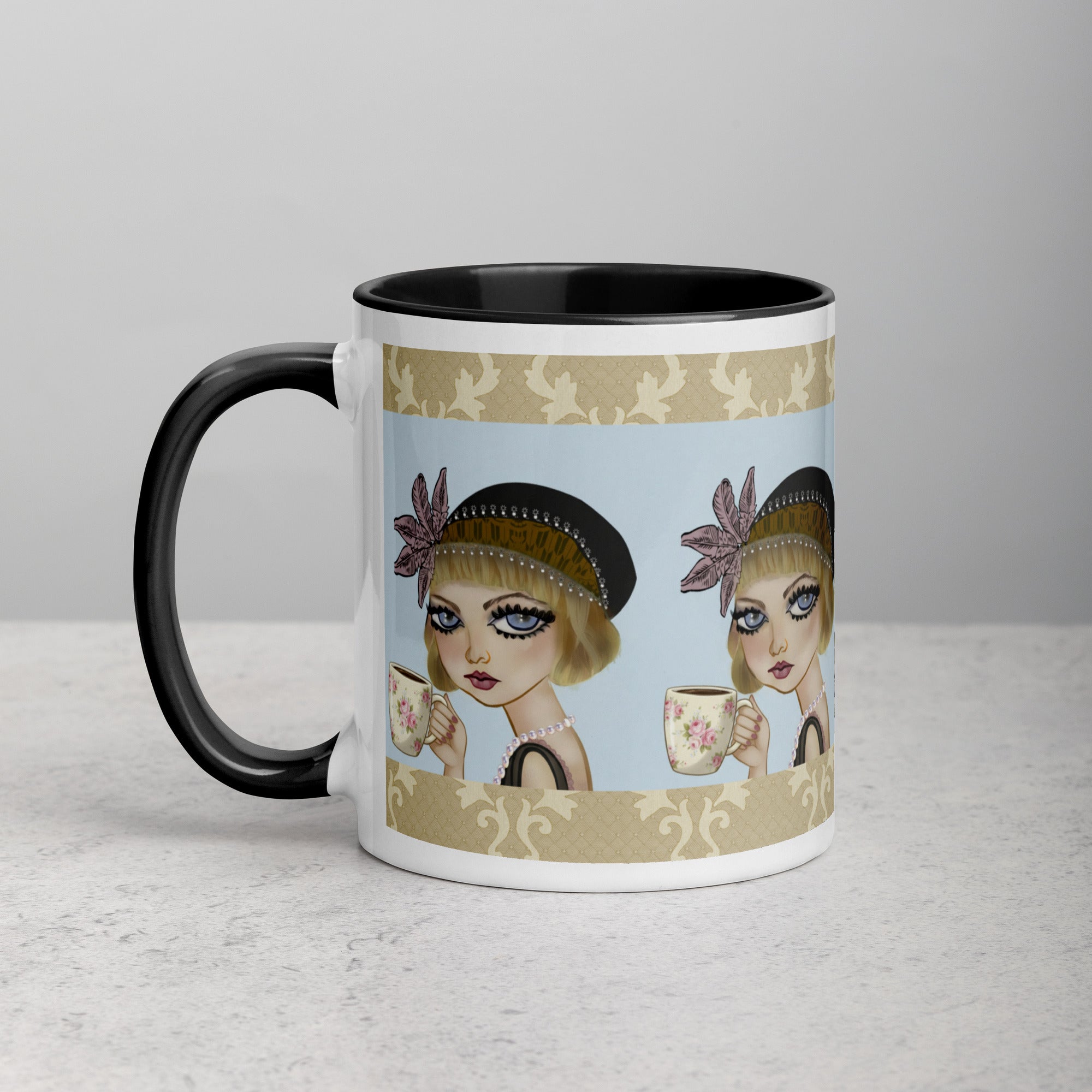 Premium White Ceramic - Black Inside-Lavender Dreams Mug - Vintage 1920s Flapper Purple & Blue - 11-oz left view