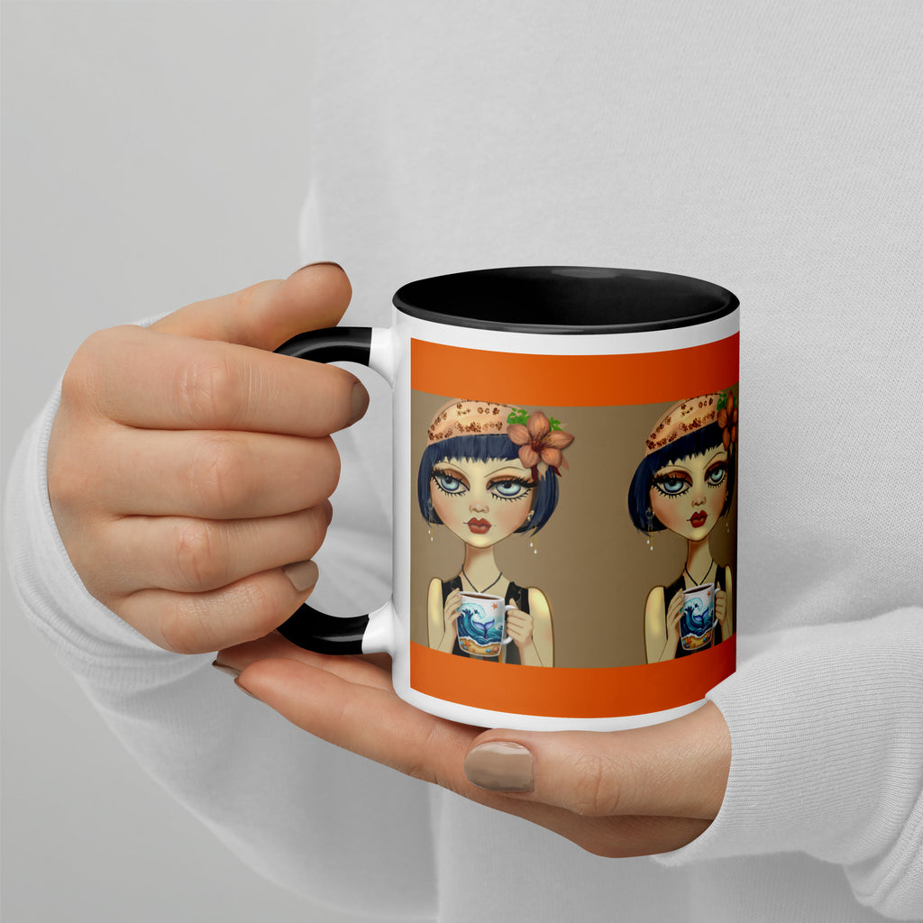 Premium White Ceramic - Black Inside- Flapper Chic Mug - Vintage 1920s Orange & Black - 11-oz left view