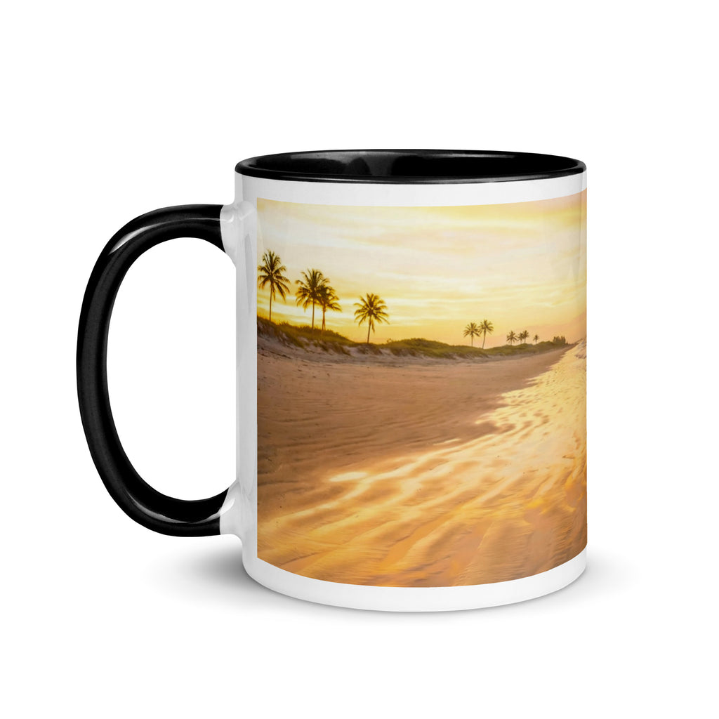 Premium white ceramic mug with black color inside features a beautiful calming beach sunset with palm trees. 11 oz - left view on white background