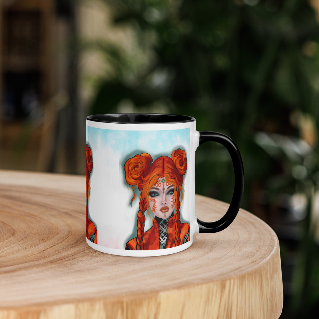 Fantasy Orange Rose Hair Woman Mug - Anime Art Ceramic Mug-Black Interior-11-oz-right