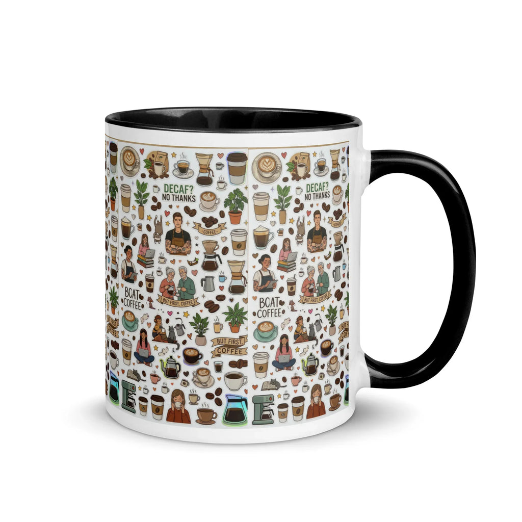 White ceramic mug with black handle and rim, featuring colorful coffee-themed illustrations