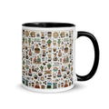 White ceramic mug with black handle and rim, featuring colorful coffee-themed illustrations