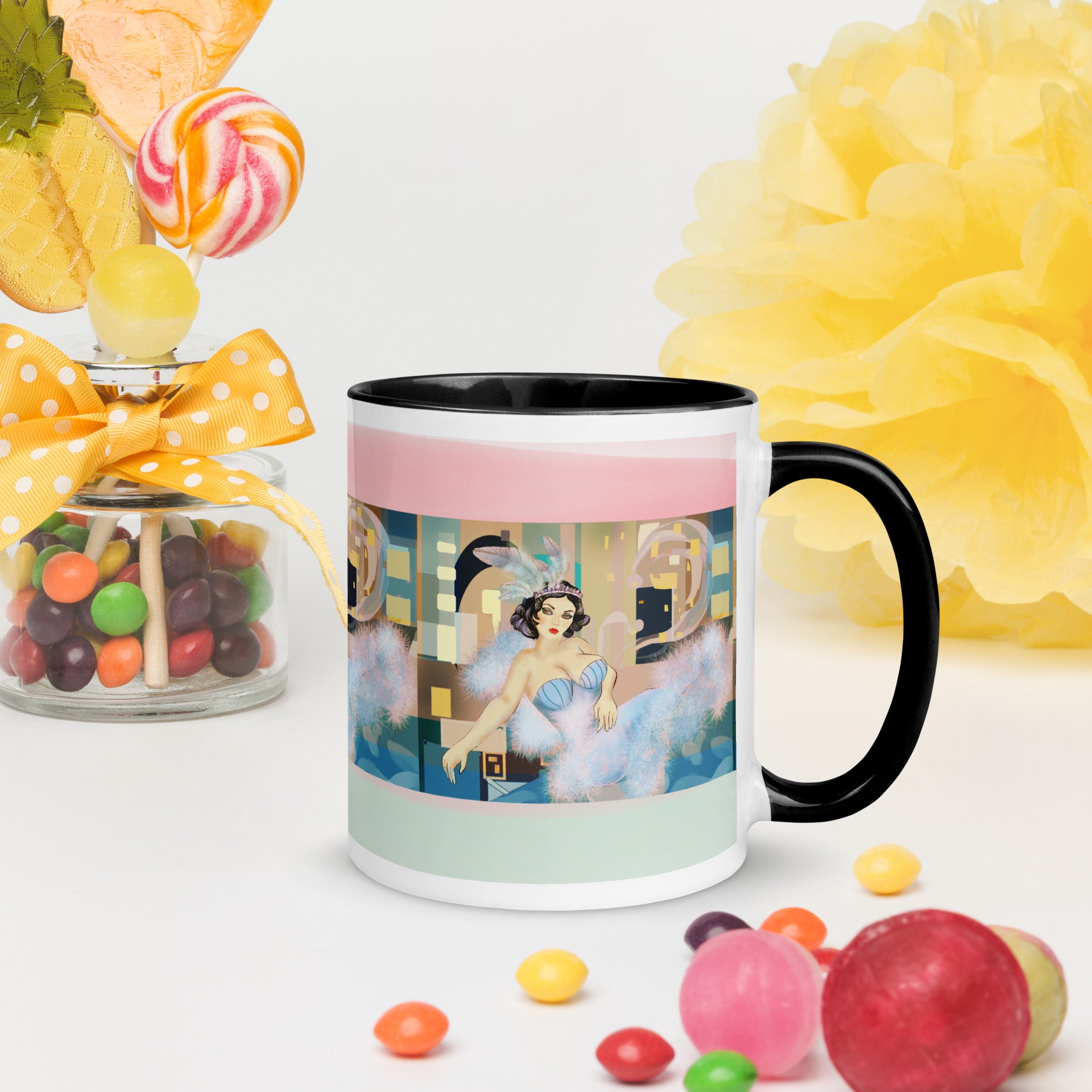 Premium Black Interior -Ceramic mug-Vintage Glamour Ballerina Mug - Art Deco Feathered Tutu Ceramic Mug-Black Interior- elegant vintage ballerina in a jeweled tiara and light blue feathered tutu, set against a beautiful Art Deco pastel background. Set against a black ceramic inside for elegant contrast - 11-oz -right