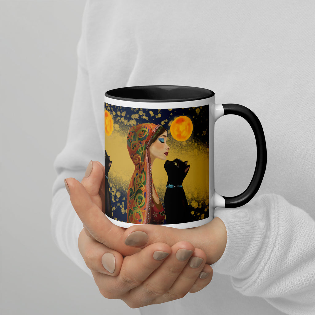 Premium White ceramic with color inside- Mystical Woman with Black Cat Mug - Moonlight Bohemian Ceramic Mug-Black Interior - 11 oz - right view