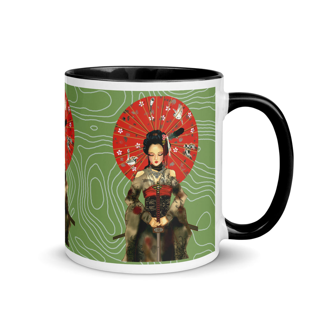 Premium White Ceramic - Japanese Geisha Warrior Mug - Samurai Woman Ceramic Mug- Black Interior-11-oz-right