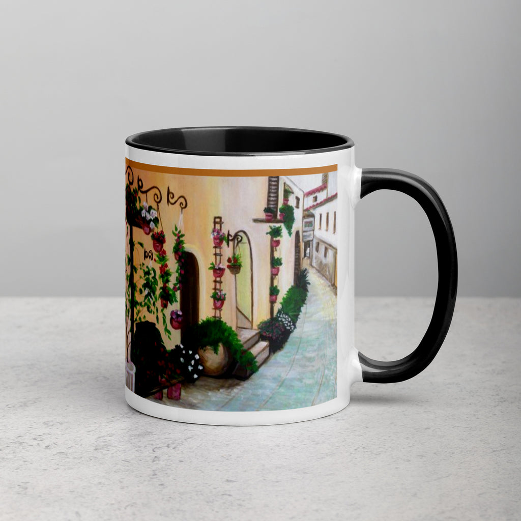 Premium White Ceramic -Mediterranean Garden Courtyard Mug - Italian Village Ceramic Mug- Black Interior-11-oz-right