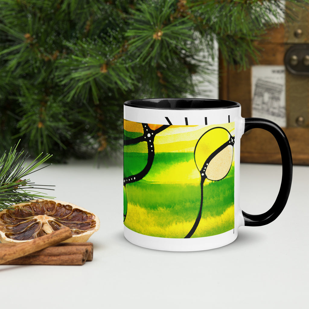 Premium White Ceramic -Abstract Green Yellow Art Mug - Modern Contemporary Ceramic Mug- black Interior- 11-oz-right