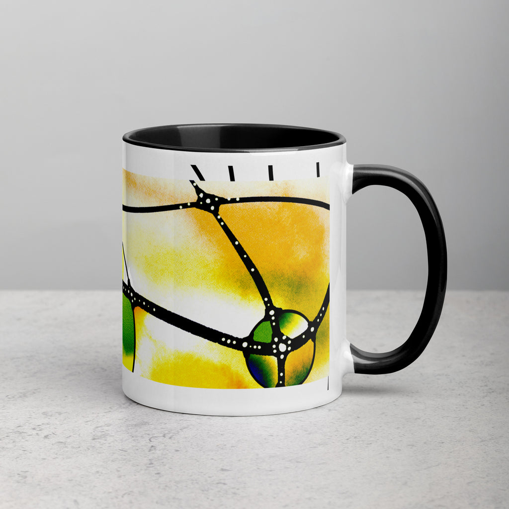 Premium White Ceramic -Abstract Yellow Green Art Mug - Modern Watercolor Ceramic Mug- Black Interior-11-oz-right