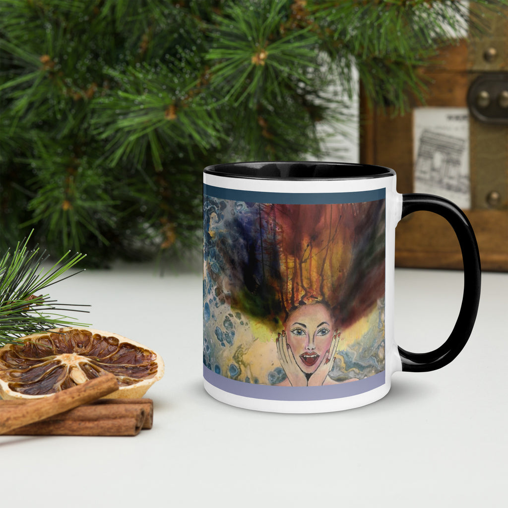 Premium White Ceramic -Underwater Reverie Mug - Flowing Hair & Ocean Art - black interior- 11-oz-right