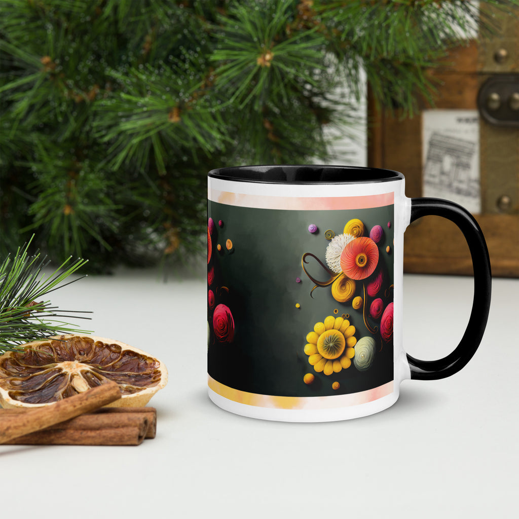 Premium White Ceramic -Paper Art Floral Mug - Black Interior Ceramic Art Mug - 11-oz-right
