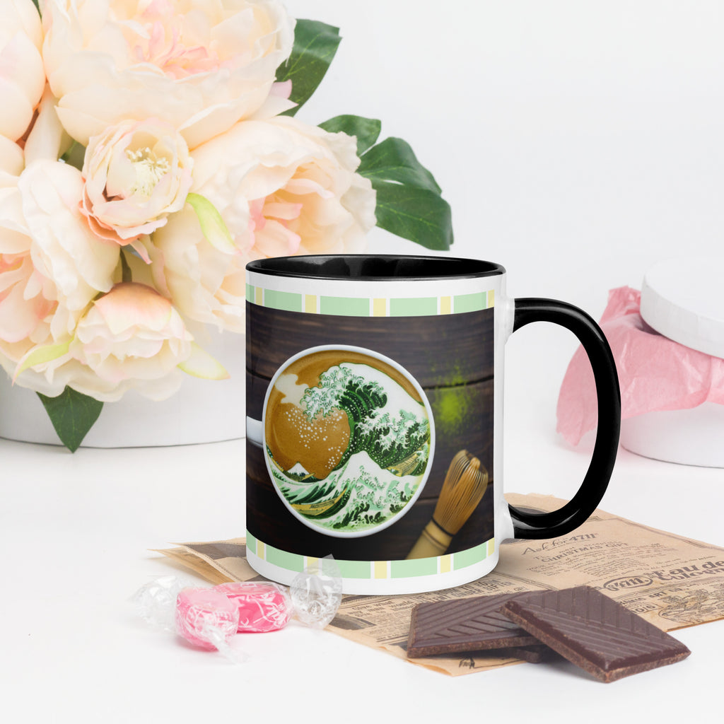 Premium White Ceramic -  Matcha Wave Bowl Mug - Black Interior Japanese Tea Mug -11-oz-right