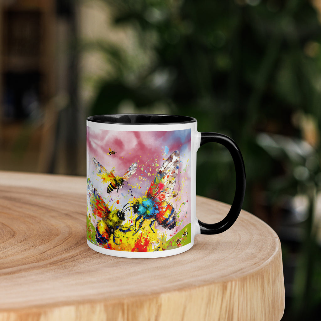 Premium White Ceramic -   Watercolor Bees & Butterflies Mug - Black Interior Ceramic Nature Mug -11-oz-right
