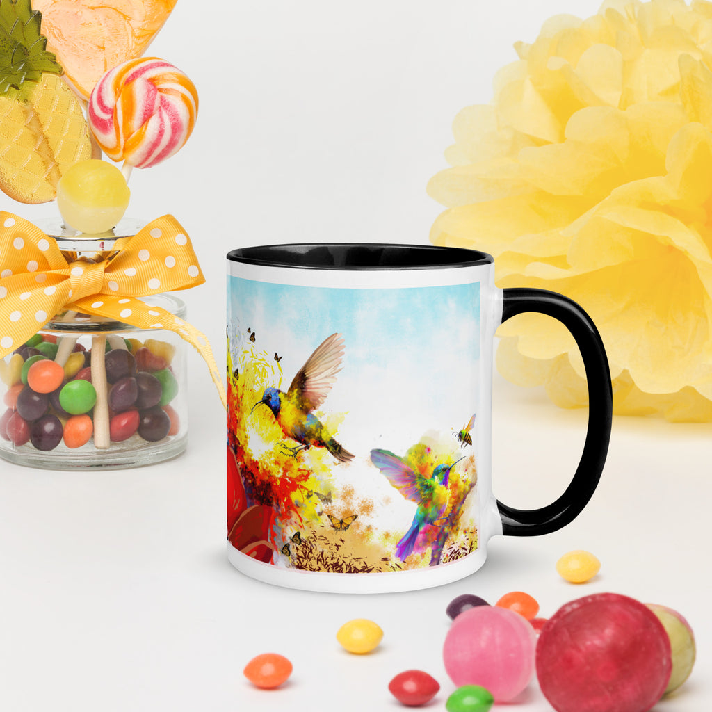 Premium White Ceramic -    Watercolor Hummingbirds Mug - Black Interior Nature Mug-11-oz-right