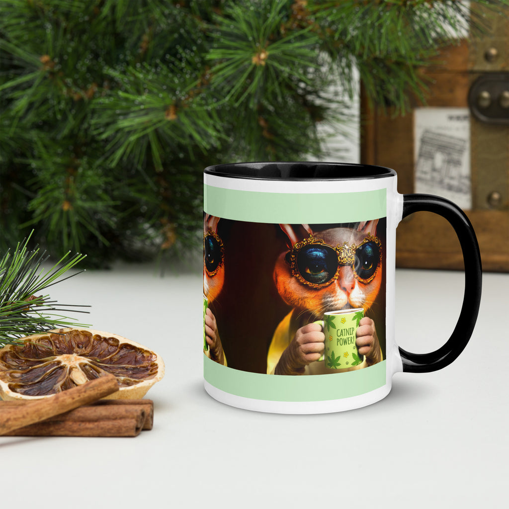 Premium White Ceramic - Cool Rex Cat Catnip Mug - Cat with Catnip Power Mug - Black Inside- 11 oz - right view