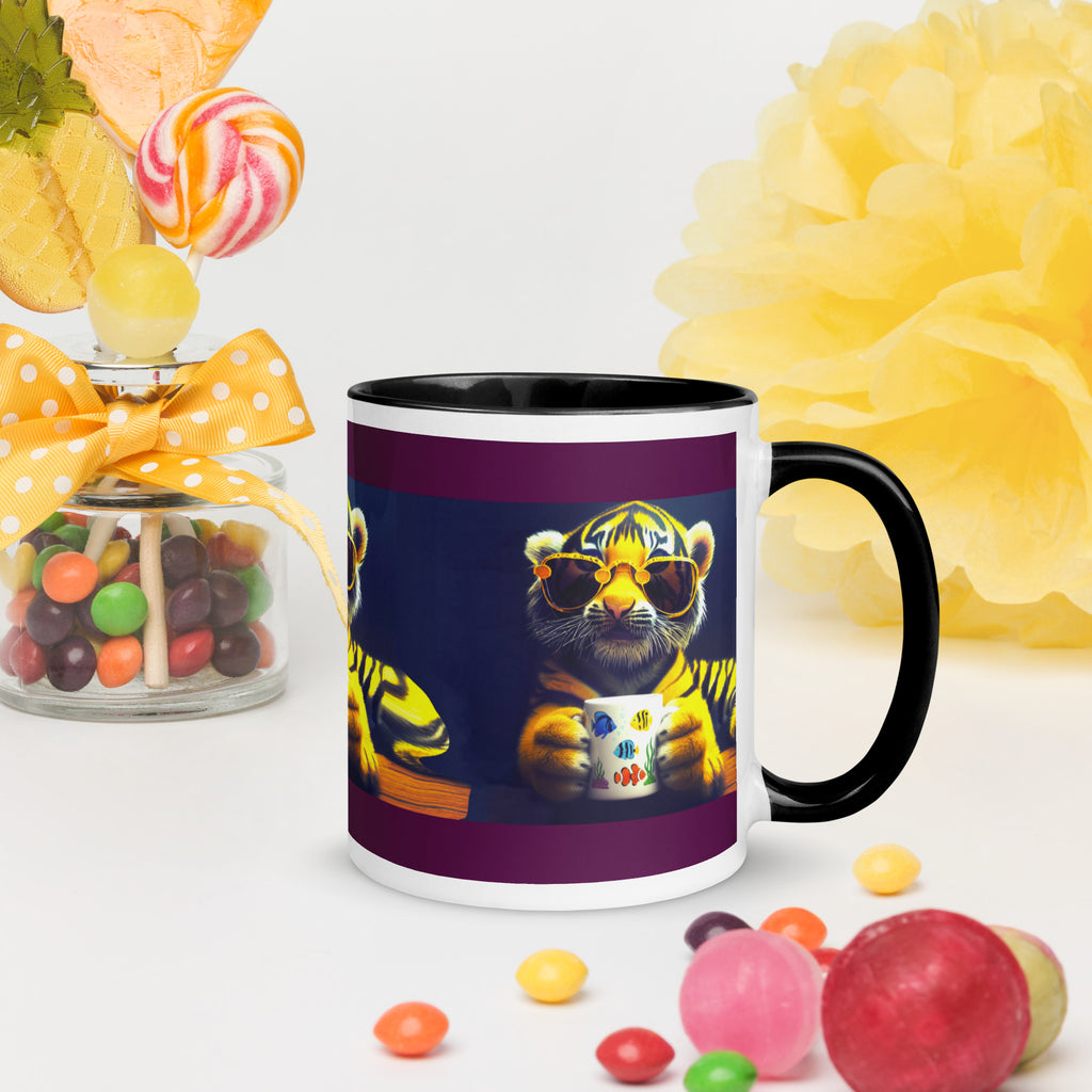 Premium White Ceramic - Black Inside-  Cool Tiger Coffee Mug - Tiger with Fish Mug Black & Purple - 11 oz -right view